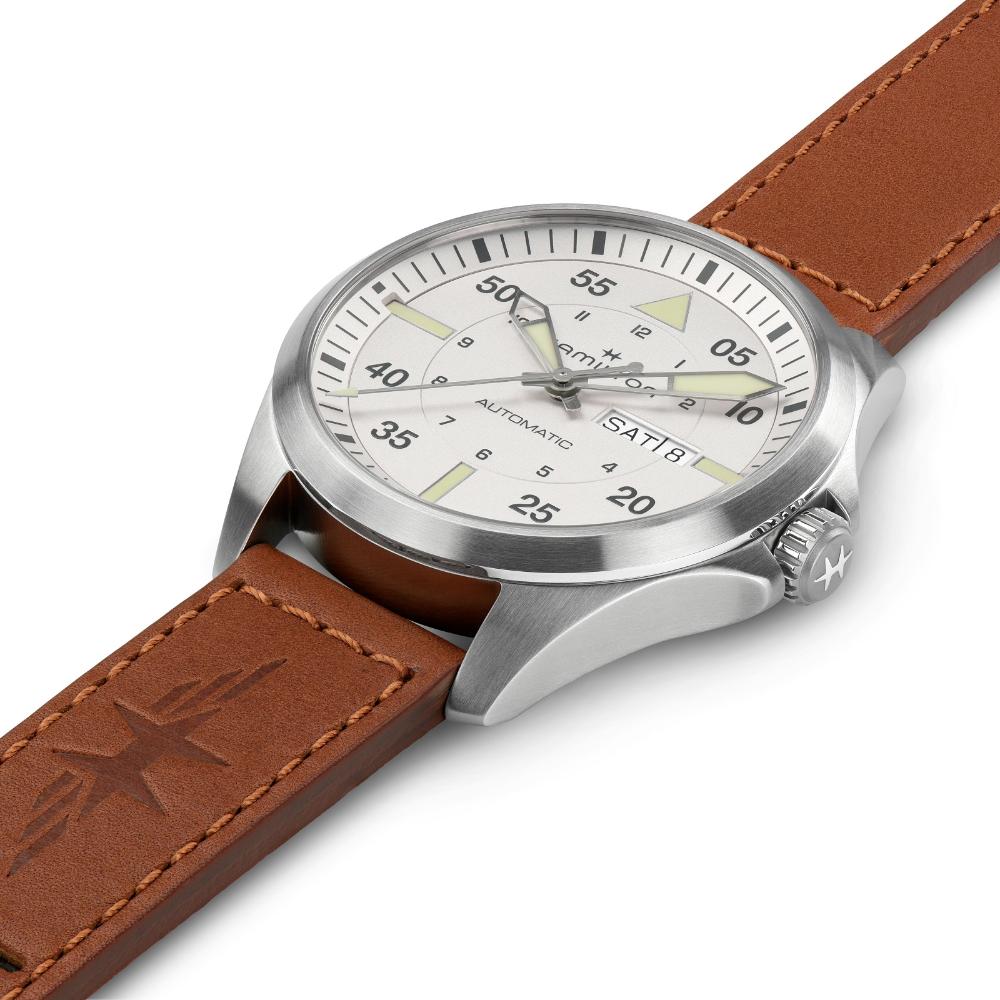 HAMILTON Khaki Aviation Pilot Day Date Auto Silver Dial 42mm Silver Stainless Steel Brown Leather Strap H64635550