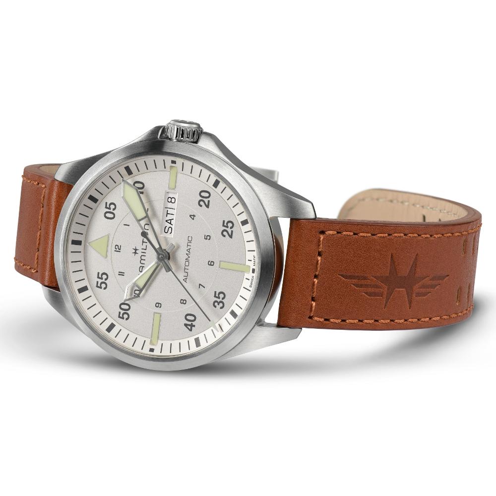 HAMILTON Khaki Aviation Pilot Day Date Auto Silver Dial 42mm Silver Stainless Steel Brown Leather Strap H64635550