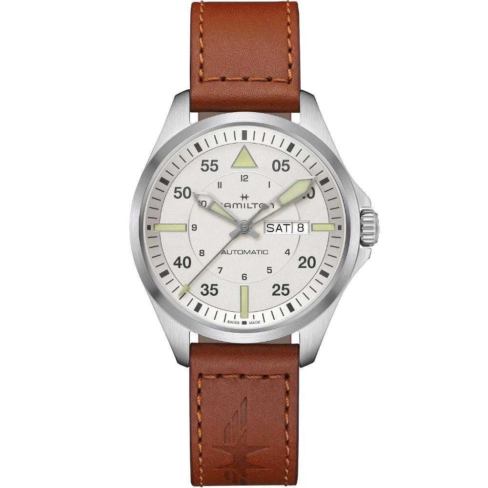 HAMILTON Khaki Aviation Pilot Day Date Auto Silver Dial 42mm Silver Stainless Steel Brown Leather Strap H64635550