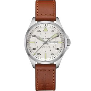 HAMILTON Khaki Aviation Pilot Day Date Auto Silver Dial 42mm Silver Stainless Steel Brown Leather Strap H64635550 - 45589