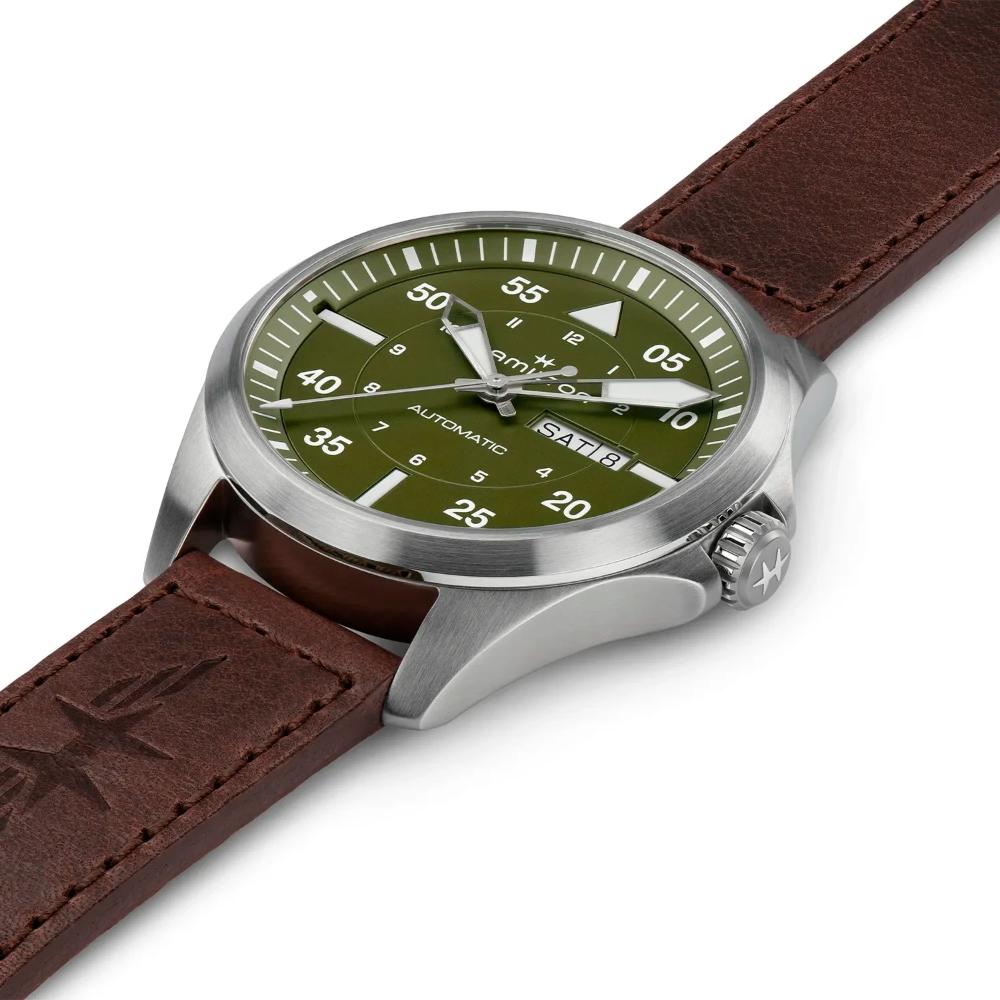 HAMILTON Khaki Aviation Pilot Day Date Auto Green Dial 42mm Silver Stainless Steel Brown Leather Strap H64635560