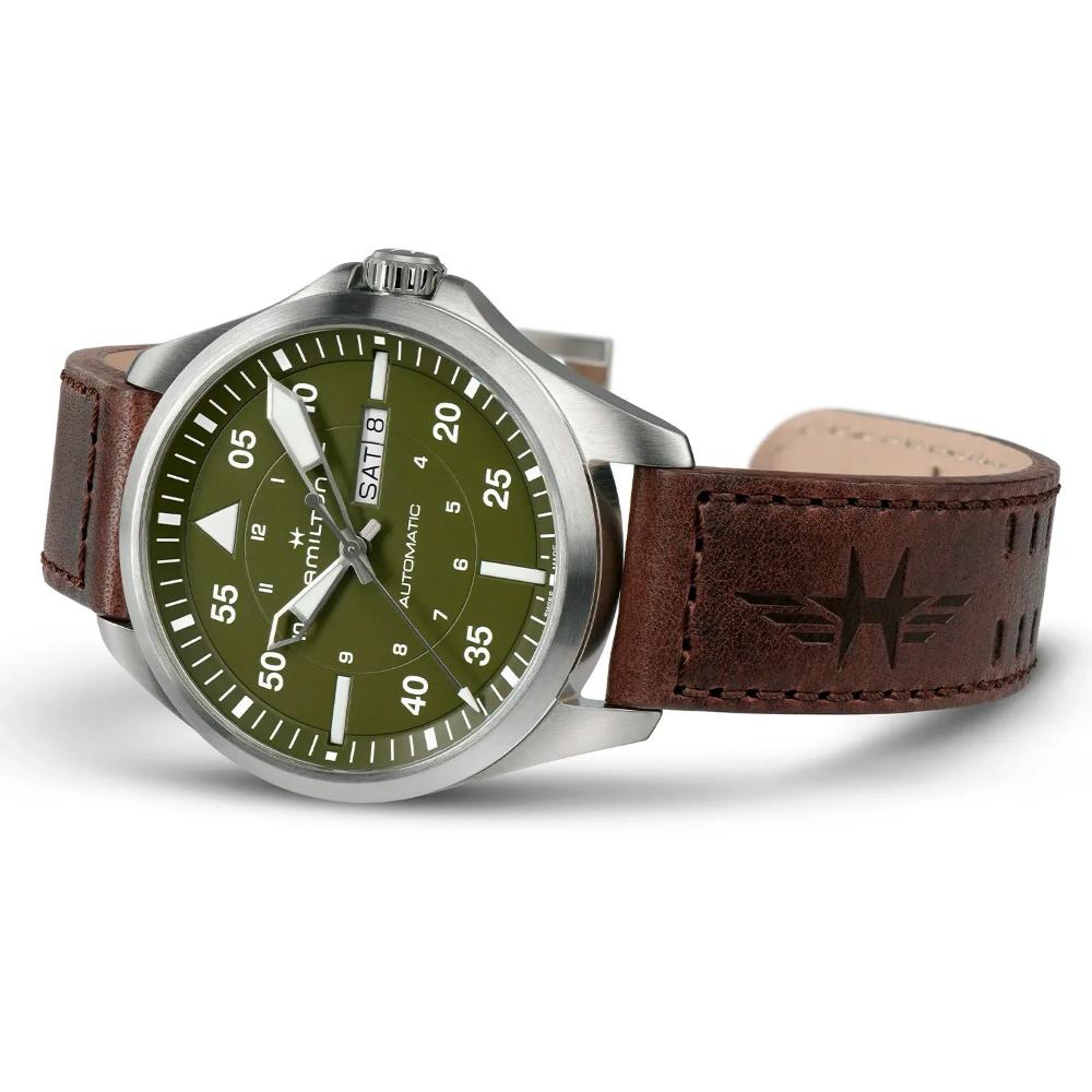 HAMILTON Khaki Aviation Pilot Day Date Auto Green Dial 42mm Silver Stainless Steel Brown Leather Strap H64635560