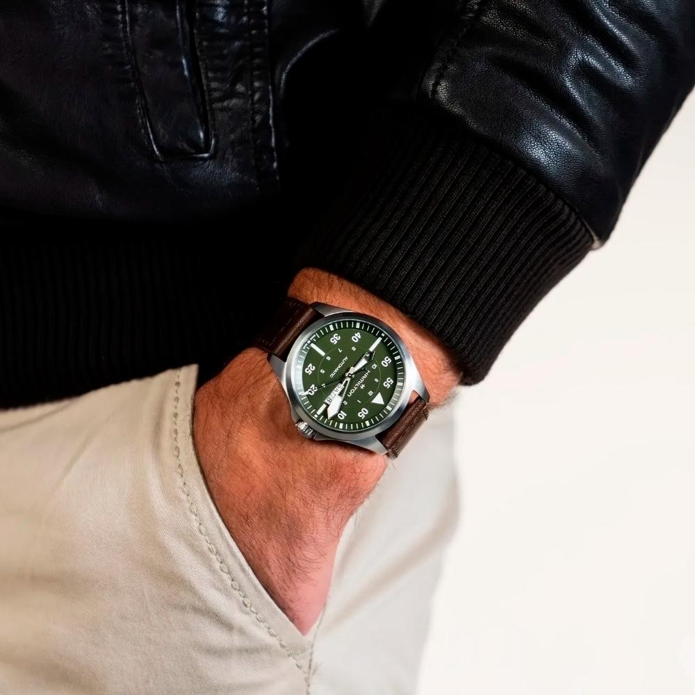 HAMILTON Khaki Aviation Pilot Day Date Auto Green Dial 42mm Silver Stainless Steel Brown Leather Strap H64635560 - 6