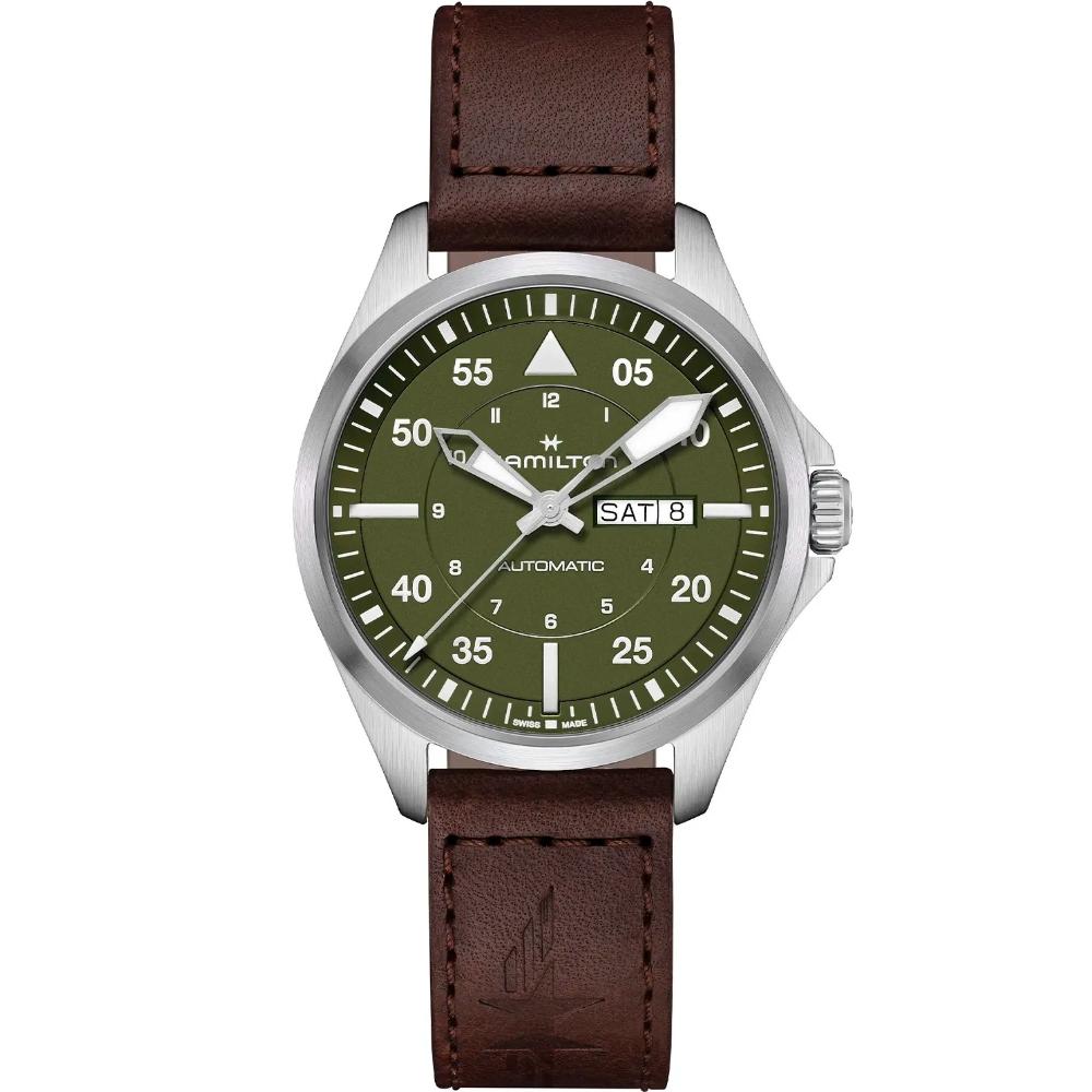 HAMILTON Khaki Aviation Pilot Day Date Auto Green Dial 42mm Silver Stainless Steel Brown Leather Strap H64635560