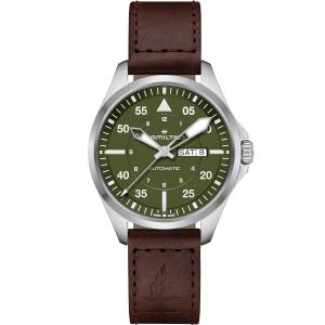 HAMILTON Khaki Aviation Pilot Day Date Auto Green Dial 42mm Silver Stainless Steel Brown Leather Strap H64635560 - 45581