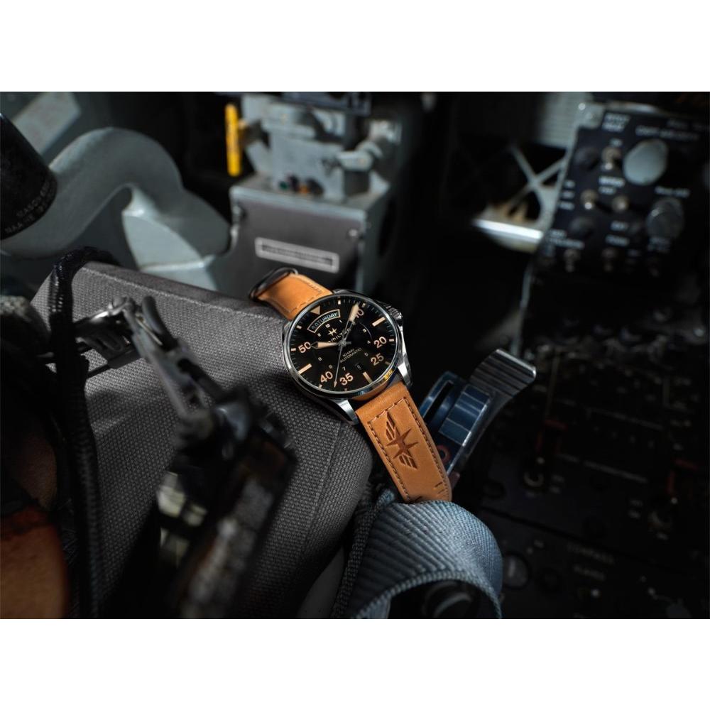 HAMILTON Khaki Aviation Pilot Day Date Auto Black Dial 46mm Silver Stainless Steel Brown Leather Strap H64725531 - 6