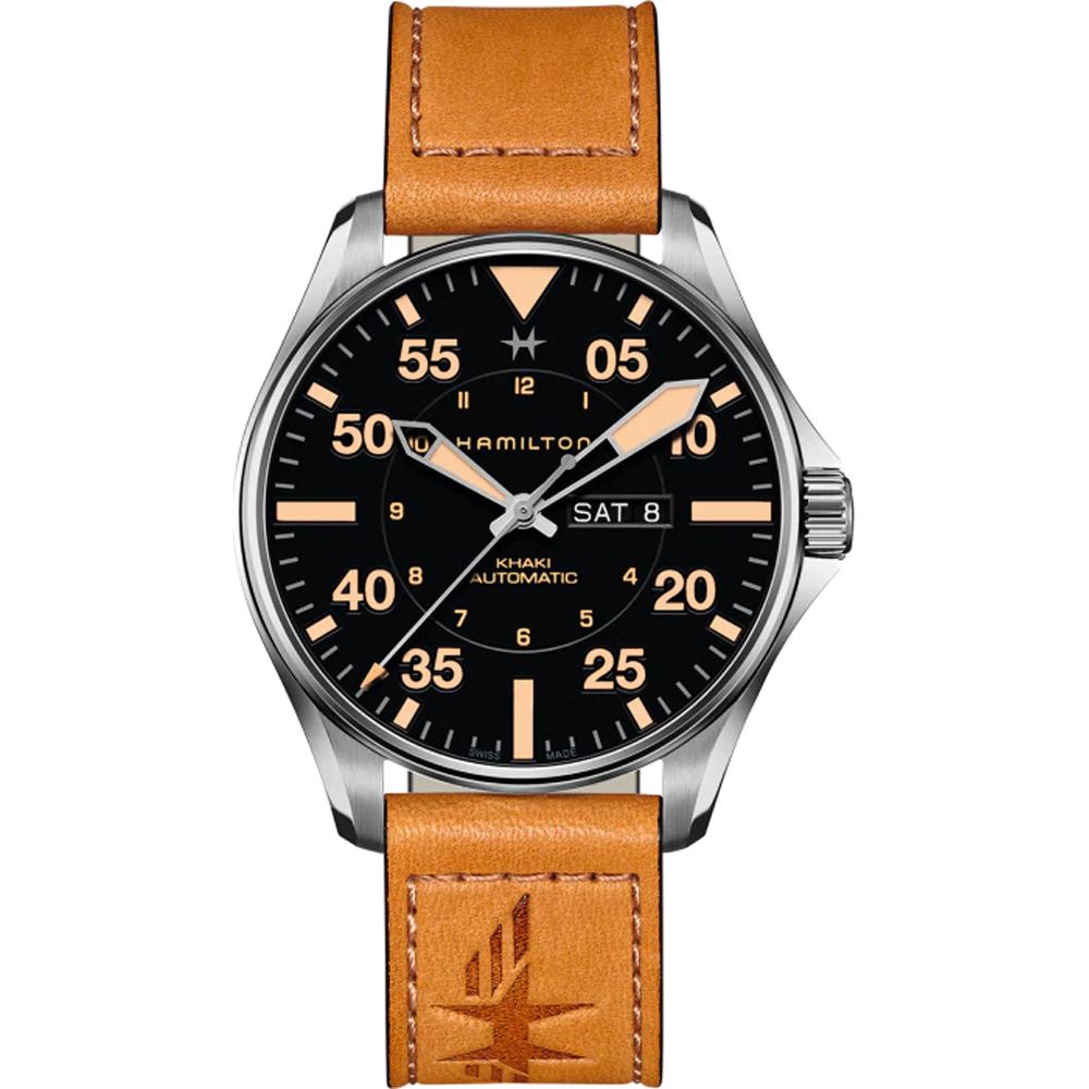 HAMILTON Khaki Aviation Pilot Day Date Auto Black Dial 46mm Silver Stainless Steel Brown Leather Strap H64725531