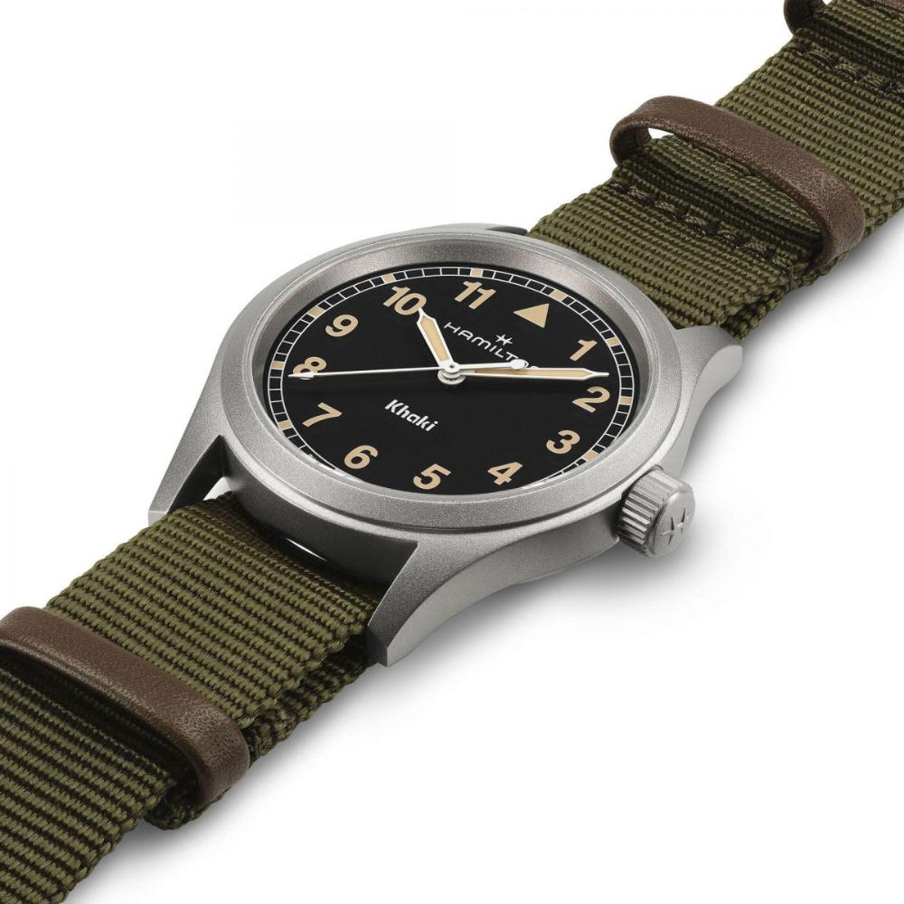 HAMILTON Khaki Field Quartz Black Dial 38mm Silver Stainless Steel Green Fabric Strap H69401930