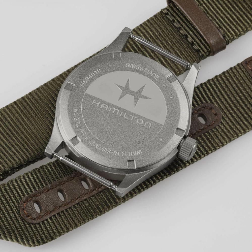 HAMILTON Khaki Field Quartz Black Dial 38mm Silver Stainless Steel Green Fabric Strap H69401930 - 6