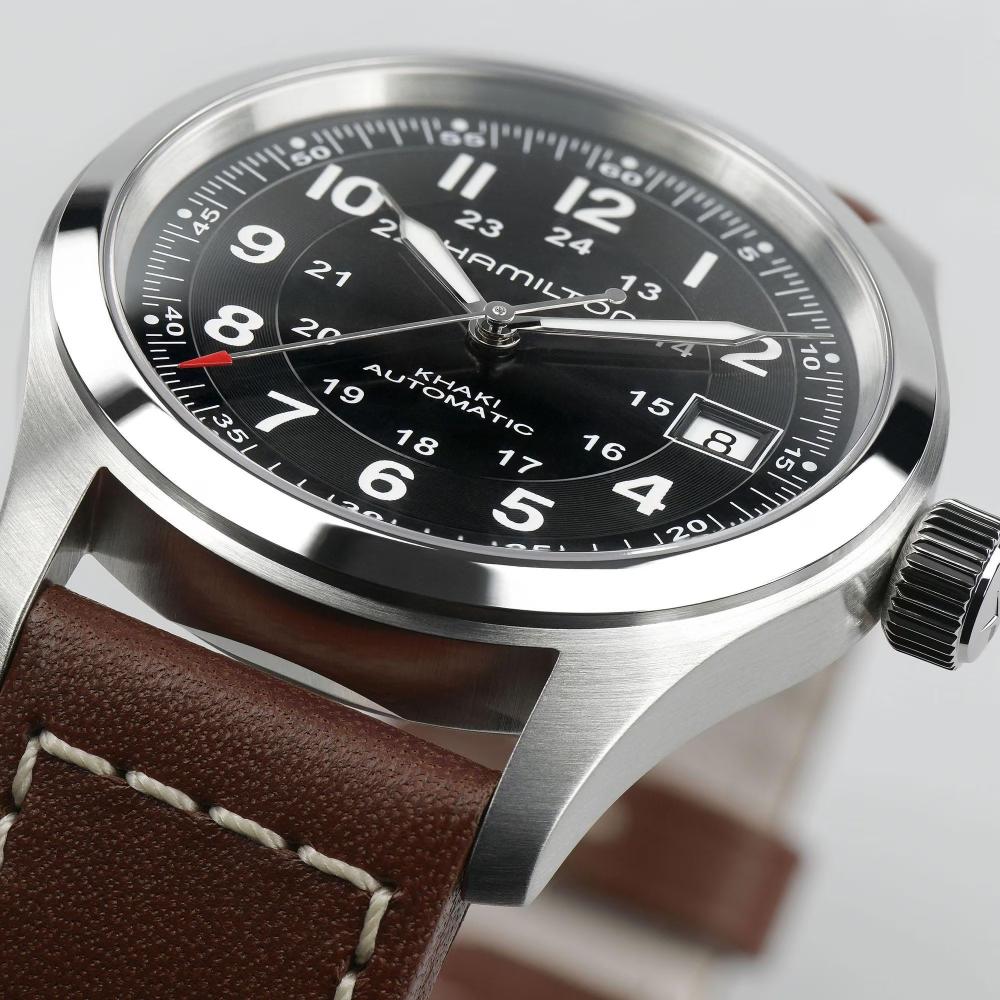 HAMILTON Khaki Field Automatic Black Dial 38mm Silver Stainless Steel Brown Leather Strap H70455533