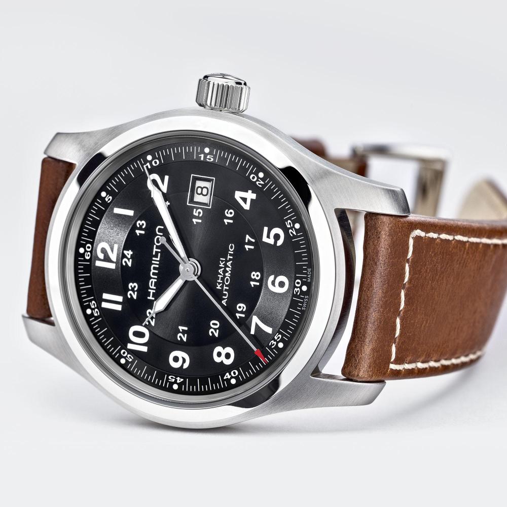 HAMILTON Khaki Field Auto Black Dial 42mm Silver Stainless Steel Brown Leather Strap H70555533