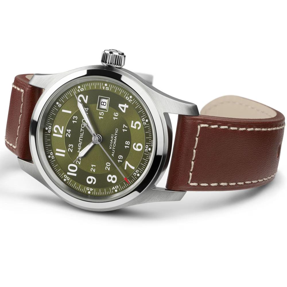 HAMILTON Khaki Field Automatic Green Dial 42mm Silver Stainless Steel Brown Leather Strap H70605560