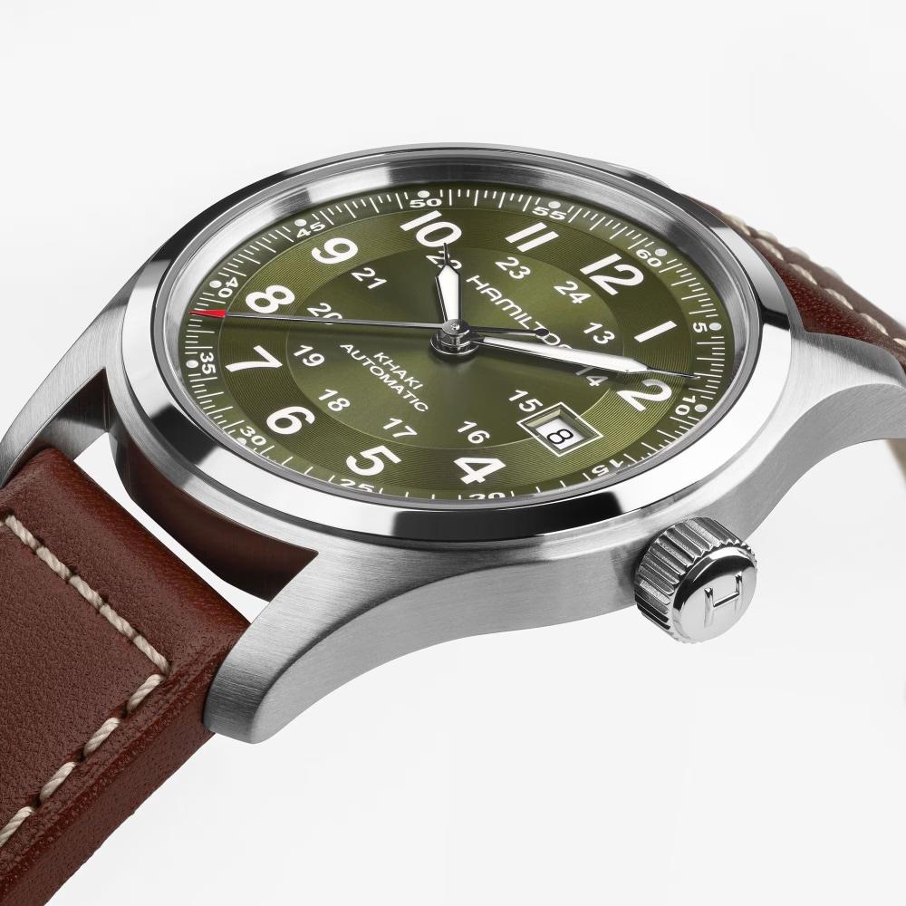 HAMILTON Khaki Field Automatic Green Dial 42mm Silver Stainless Steel Brown Leather Strap H70605560