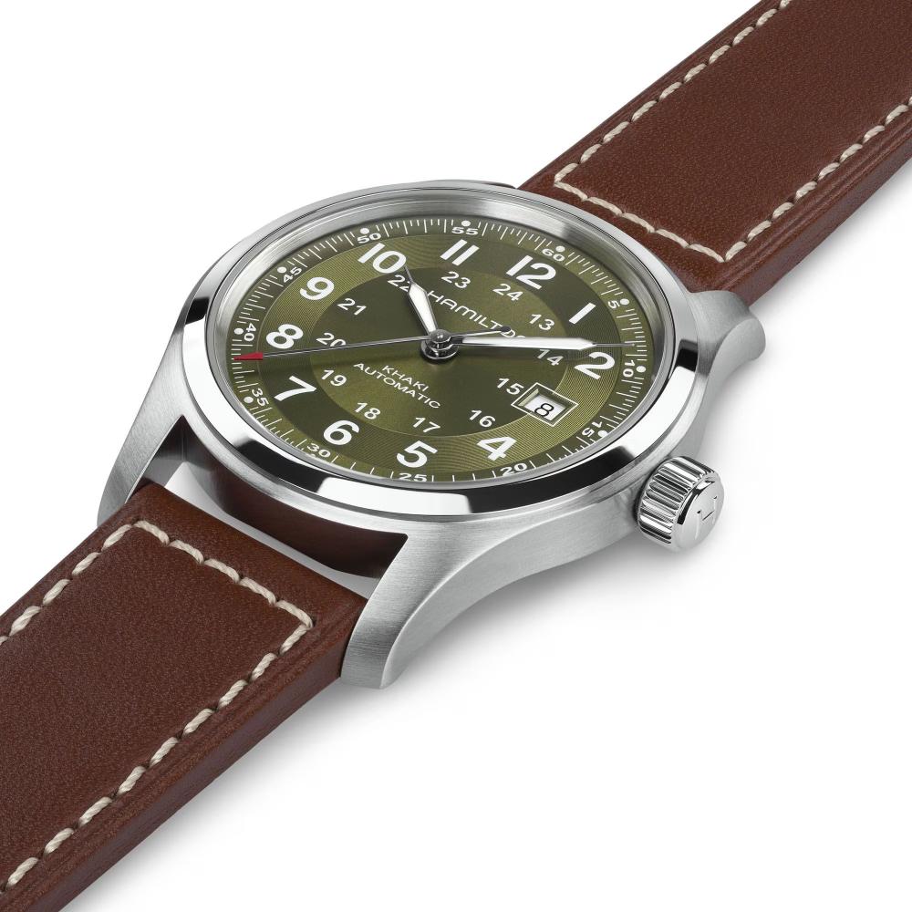 HAMILTON Khaki Field Automatic Green Dial 42mm Silver Stainless Steel Brown Leather Strap H70605560