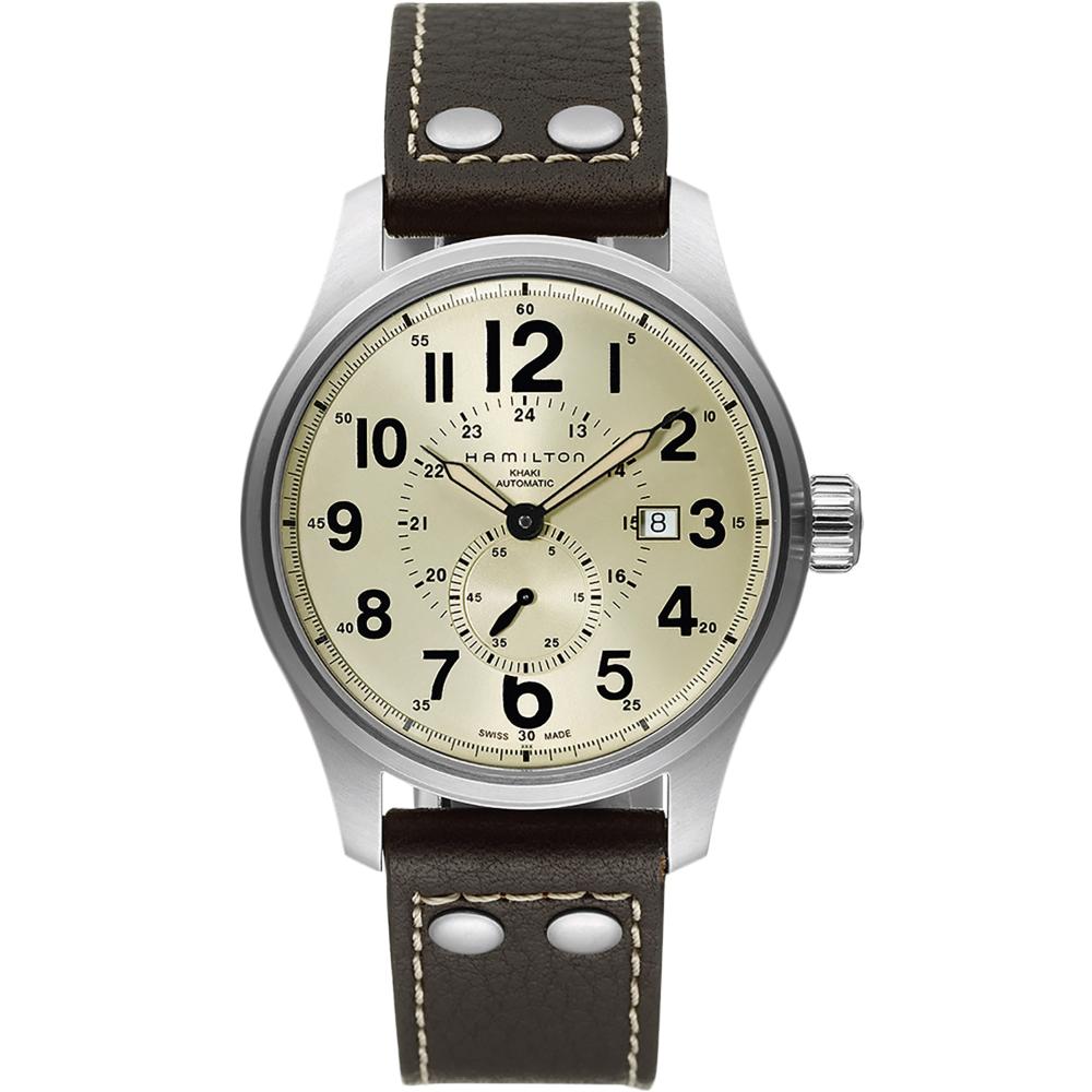 HAMILTON Khaki Field Officer Auto Beige Dial 44mm Silver Stainless Steel Brown Leather Strap H70655723