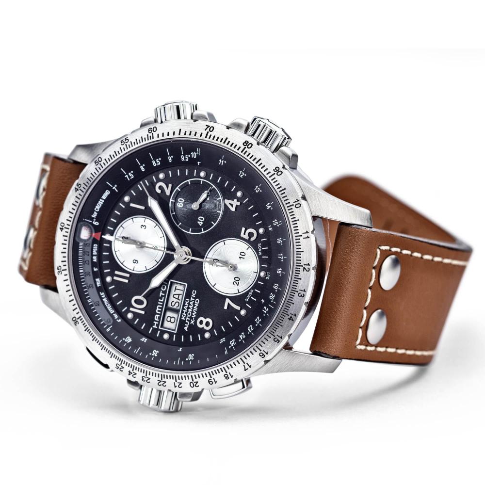 HAMILTON Khaki Aviation X-Wind Auto Chrono Black Dial 44mm Silver Stainless Steel Brown Leather Strap H77616533