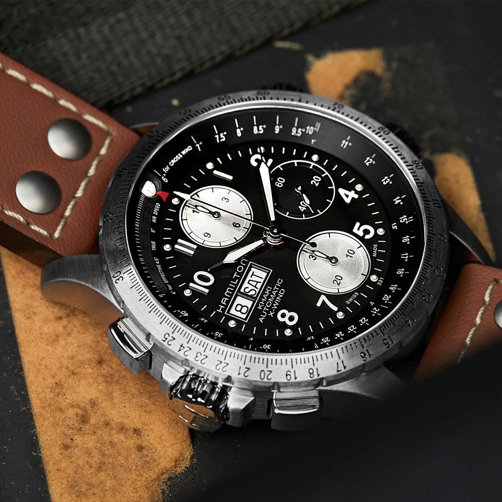 HAMILTON Khaki Aviation X-Wind Auto Chrono Black Dial 44mm Silver Stainless Steel Brown Leather Strap H77616533