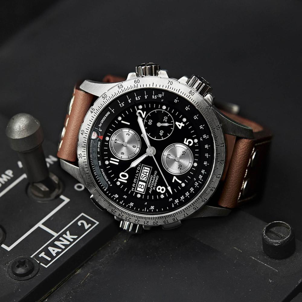 HAMILTON Khaki Aviation X-Wind Auto Chrono Black Dial 44mm Silver Stainless Steel Brown Leather Strap H77616533