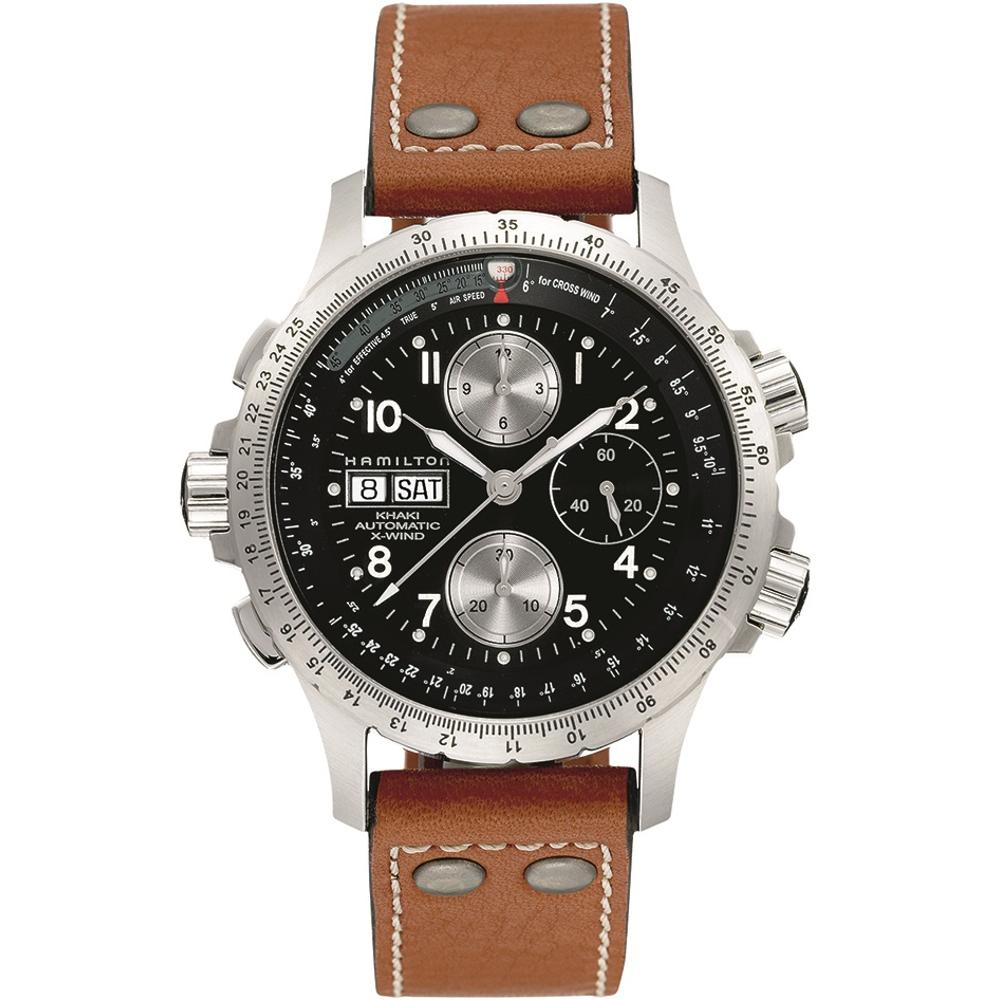 HAMILTON Khaki Aviation X-Wind Auto Chrono Black Dial 44mm Silver Stainless Steel Brown Leather Strap H77616533