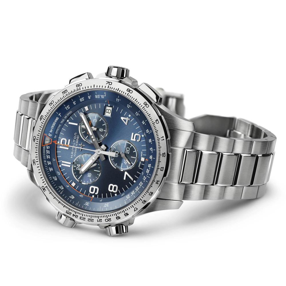 HAMILTON Khaki Aviation X-Wind GMT Chrono Quartz Blue Dial 46mm Silver Stainless Steel Bracelet H77922141