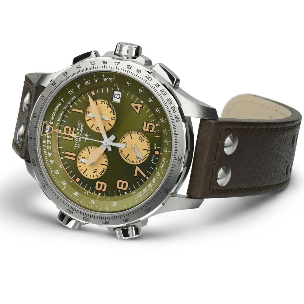 HAMILTON Khaki Aviation X-Wind GMT Chrono Quartz Green Dial 46mm Silver Stainless Steel Brown Leather Strap H77932560