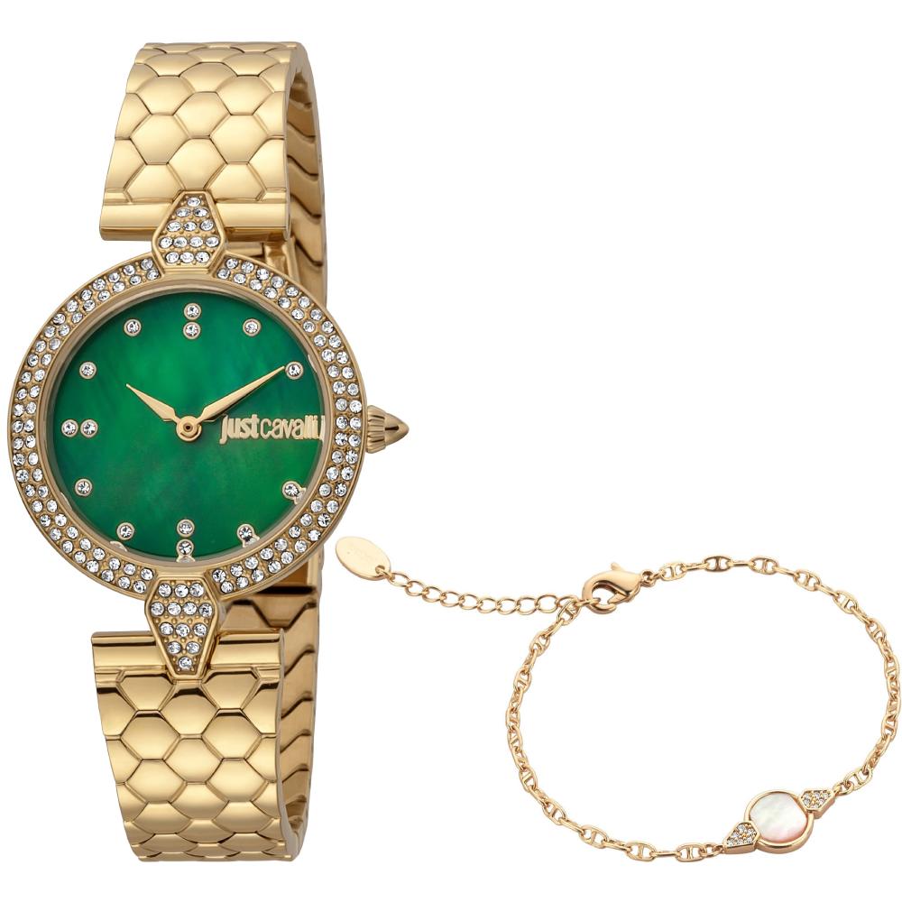JUST CAVALLI Glam Chic Crystals Green Dial 30mm Gold Stainless Steel Bracelet Gift Set JC1L159M0065