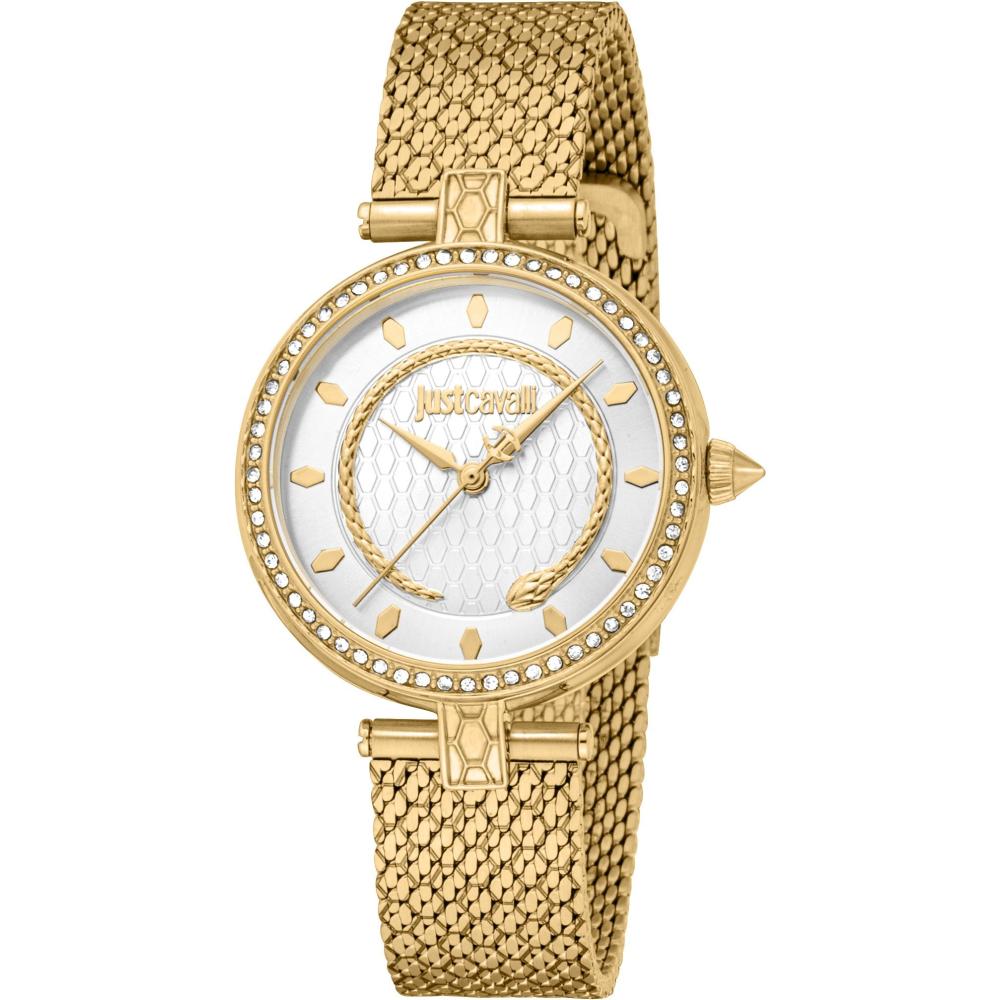 JUST CAVALLI Snake White Dial 32mm Gold Stainless Steel Mesh Bracelet JC1L240M0025