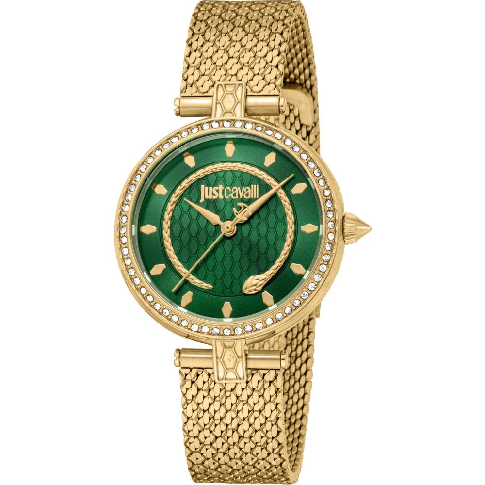 JUST CAVALLI Snake Green Dial 32mm Gold Stainless Steel Mesh Bracelet JC1L240M0035