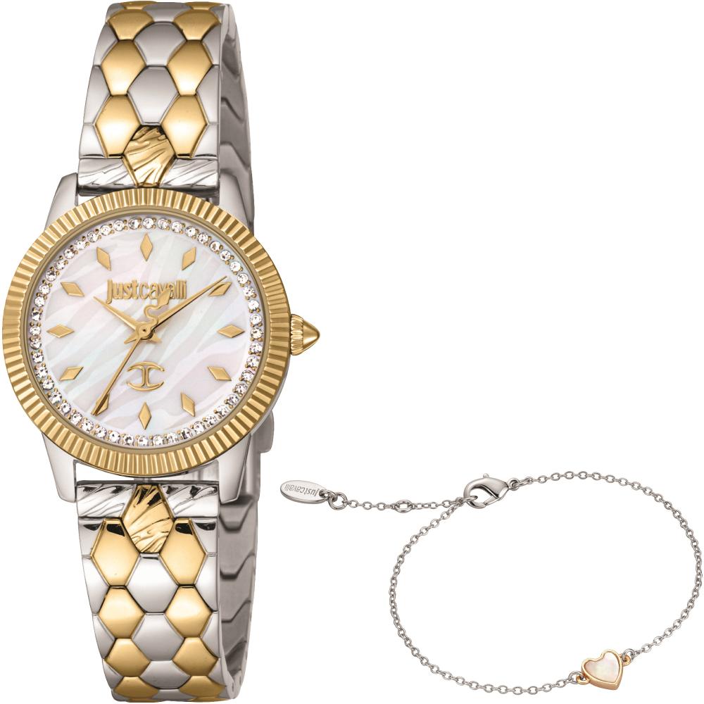 JUST CAVALLI Cuore Set White Pearl Dial 28mm Two Tone Gold Stainless Steel Bracelet Gift Set JC1L258M0085