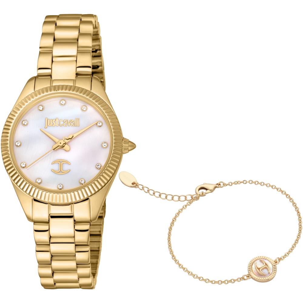 JUST CAVALLI Glam Crystals White Pearl Dial 30mm Gold Stainless Steel Bracelet Gift Set JC1L267M0055