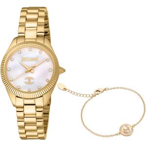 JUST CAVALLI Glam Crystals White Pearl Dial 30mm Gold Stainless Steel Bracelet Gift Set JC1L267M0055 - 40423
