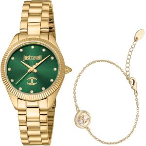 JUST CAVALLI Glam Crystals Green Dial 30mm Gold Stainless Steel Bracelet Gift Set JC1L267M0065 - 41541