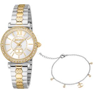 JUST CAVALLI Glam Crystals Silver Dial 30mm Two Tone Gold Stainless Steel Bracelet Gift Set JC1L273M0085 - 40411