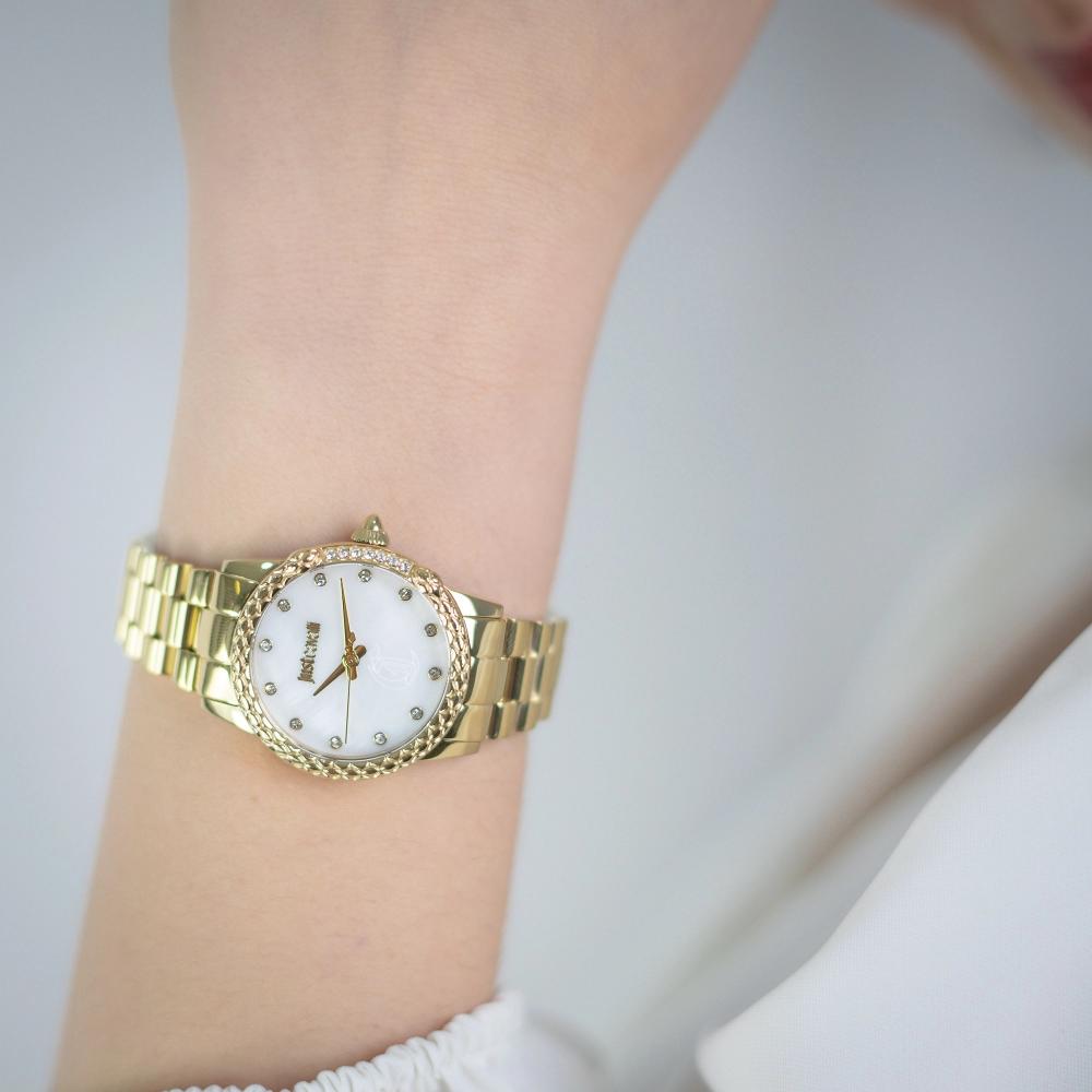 JUST CAVALLI Snake White MOP Dial 30mm Gold Stainless Steel Bracelet JC1L310M0065