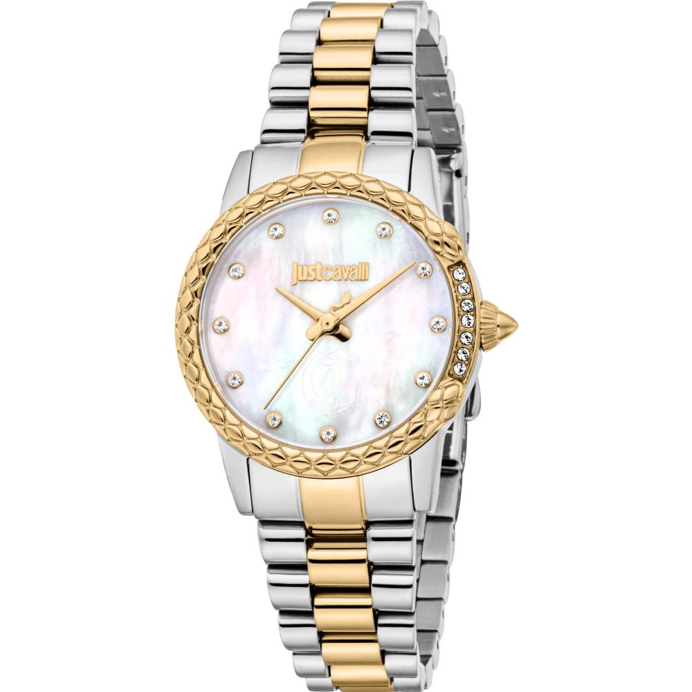 JUST CAVALLI Snake White MOP Dial 30mm Two-Tone Gold Stainless Steel Bracelet JC1L310M0095