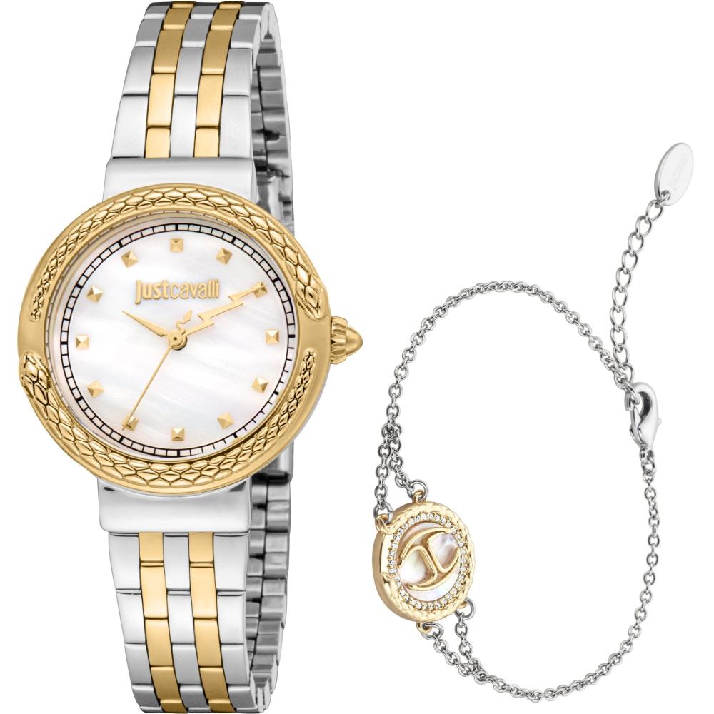 JUST CAVALLI Snake Gift Set Silver Dial 30mm Two Tone Gold Stainless Bracelet JC1L311M0055