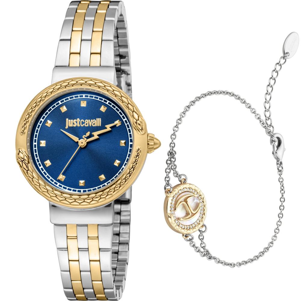 JUST CAVALLI Snake Gift Set Blue Dial 30mm Two Tone Gold Stainless Bracelet JC1L311M0065