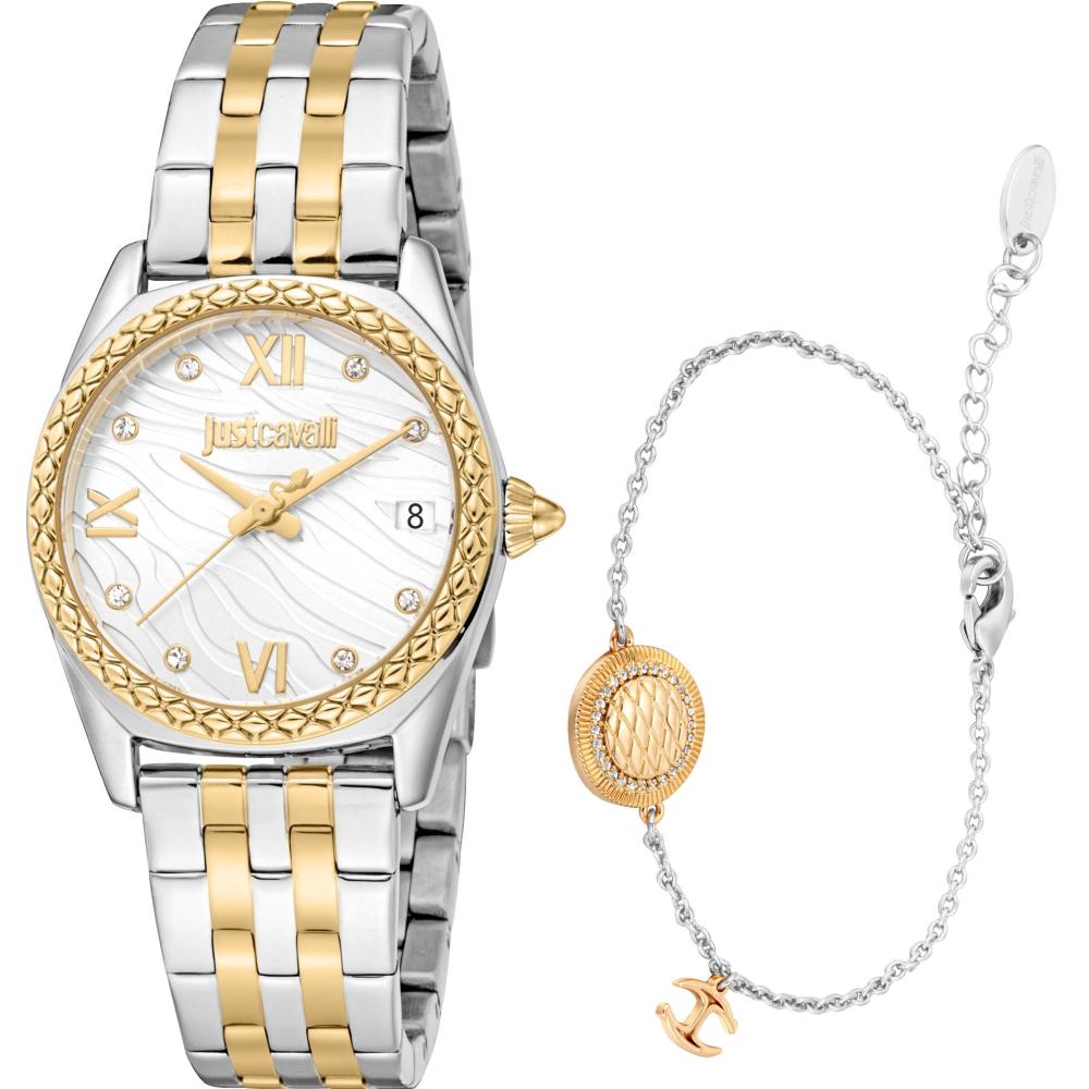 JUST CAVALLI Animalier Gift Set Silver Dial 30mm Two Tone Gold Stainless Steel Bracelet JC1L312M0095