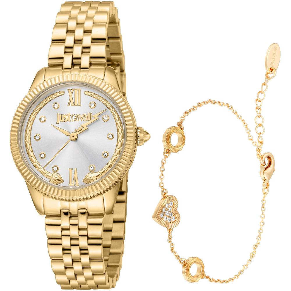 JUST CAVALLI Valentine's Gift Set Silver Dial 30mm Gold Stainless Bracelet JC1L315M0055