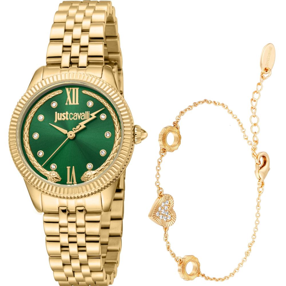 JUST CAVALLI Valentine's Gift Set Green Dial 30mm Gold Stainless Bracelet JC1L315M0065