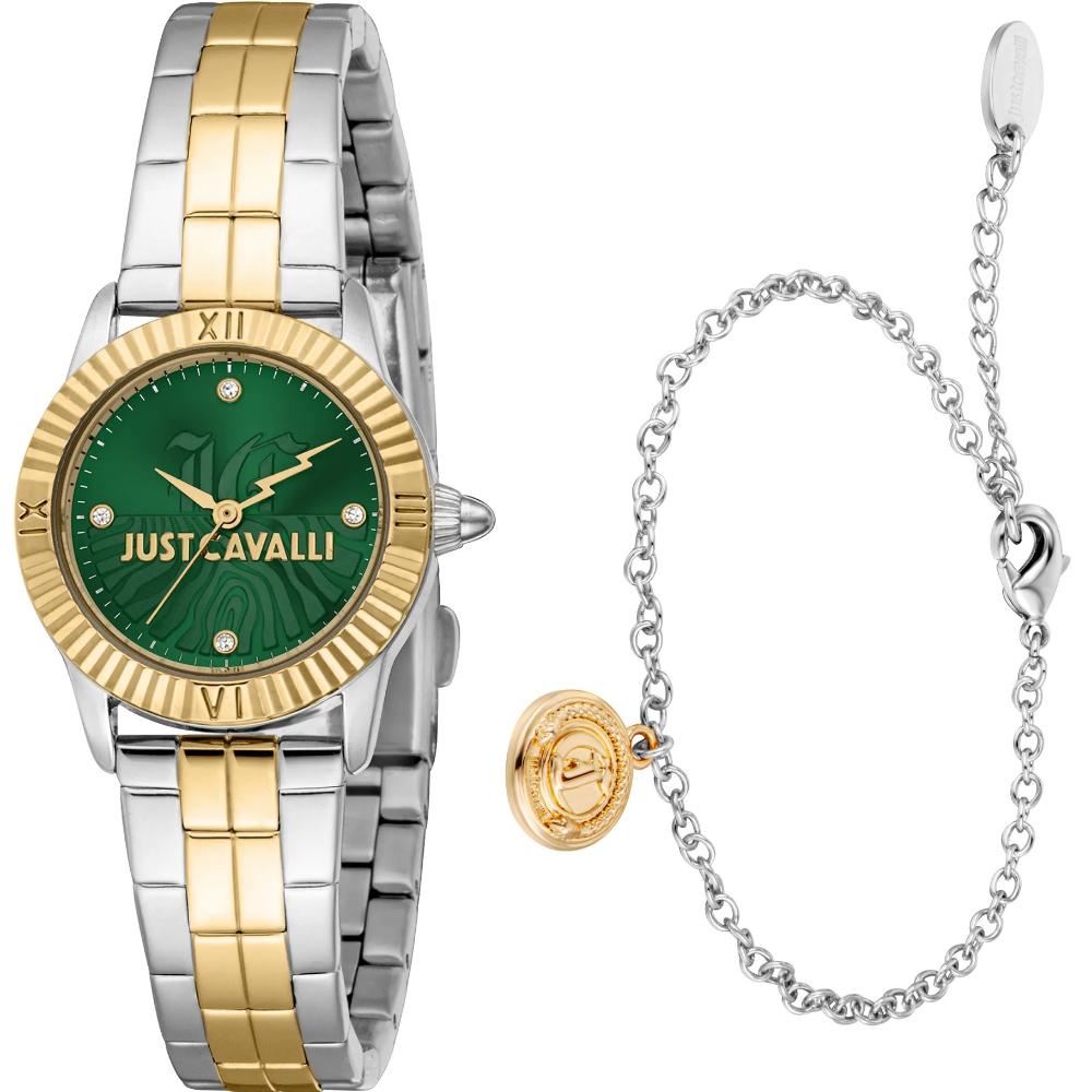 JUST CAVALLI Mini Raffinata Gift Set Green Dial 26mm Two Tone Gold Stainless Steel Bracelet JC1L328M0085