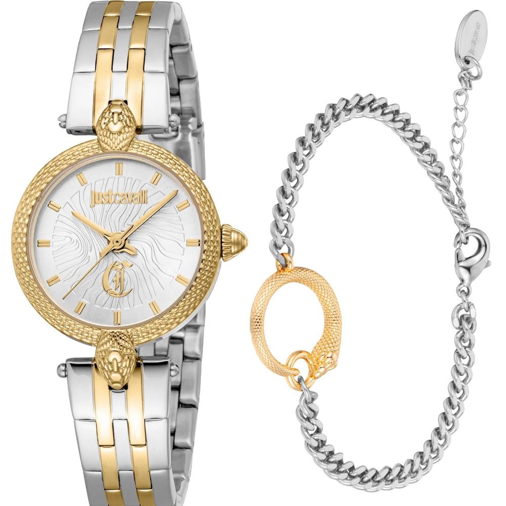 JUST CAVALLI Mini Gift Set Silver Dial 28mm Two Tone Gold Stainless Steel Bracelet JC1L330M0075