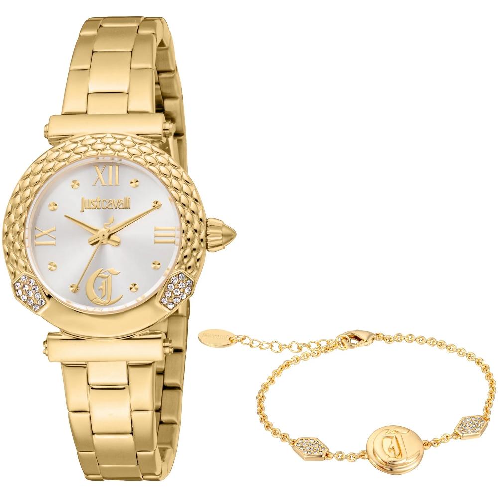 JUST CAVALLI Animalier Curiosa Gift Set Silver Dial 30mm Gold Stainless Steel Bracelet JC1L332M0055