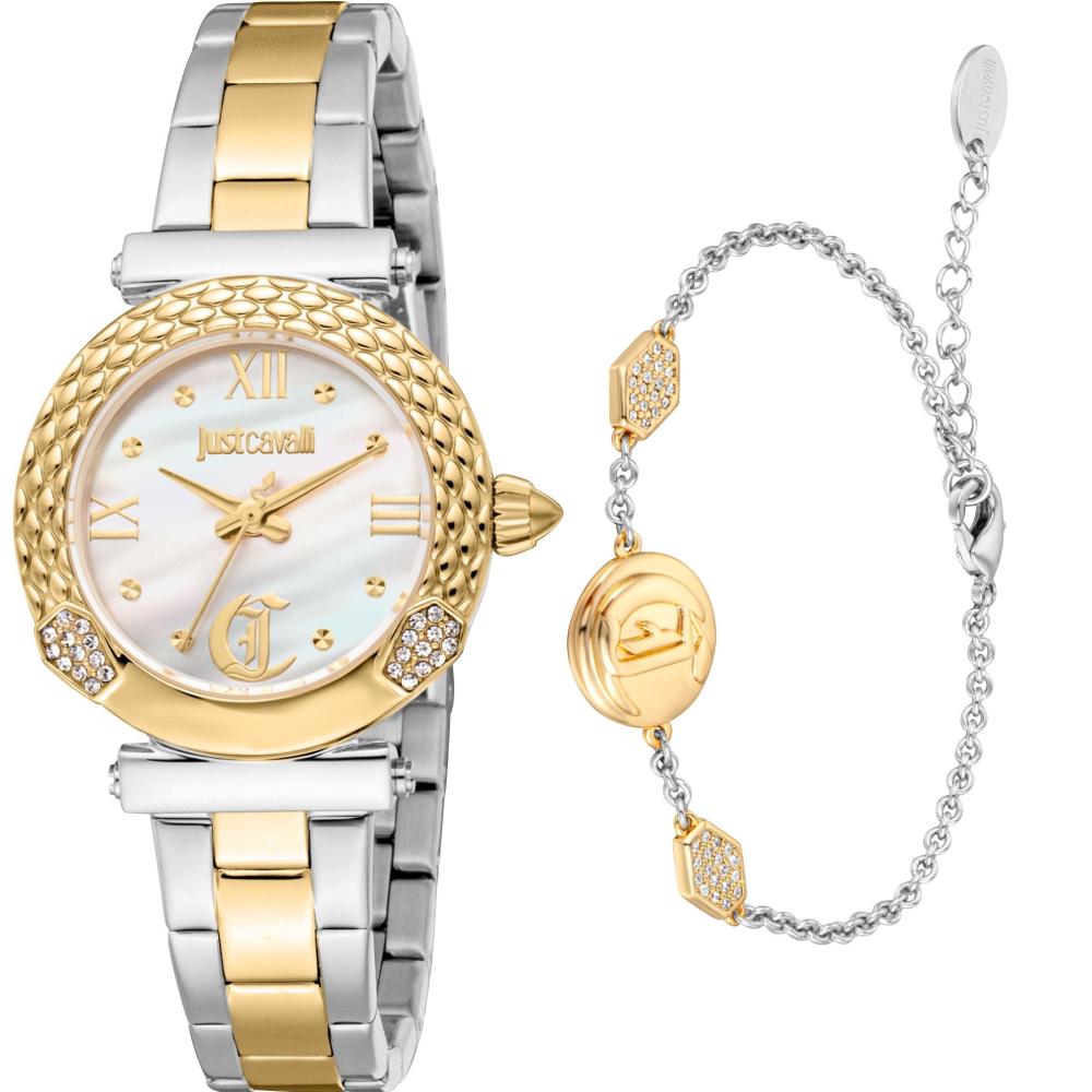 JUST CAVALLI Animalier Curiosa Gift Set Silver Dial 30mm Two Tone Gold Stainless Steel Bracelet JC1L332M0075