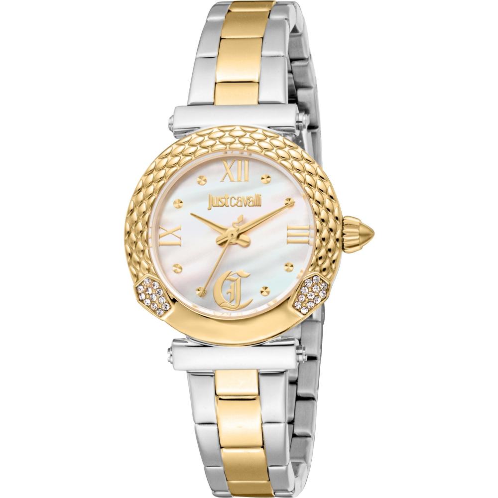 JUST CAVALLI Animalier Curiosa Gift Set Silver Dial 30mm Two Tone Gold Stainless Steel Bracelet JC1L332M0075