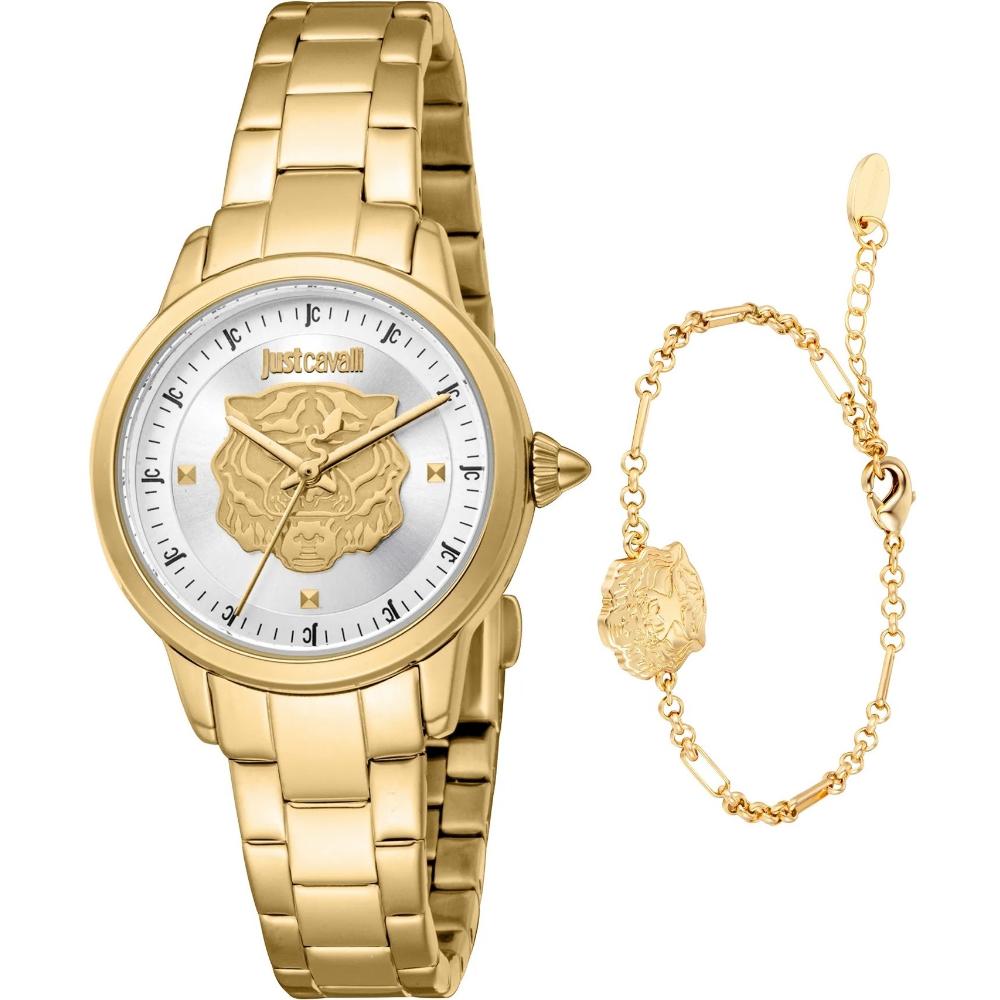 JUST CAVALLI Animalier Gift Set Silver Dial 30mm Gold Stainless Steel Bracelet JC1L334M0055