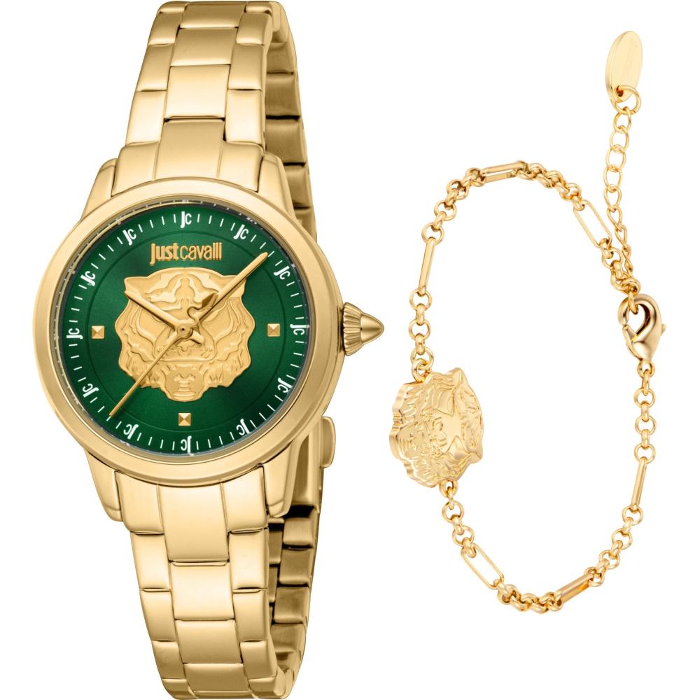 JUST CAVALLI Animalier Gift Set Green Dial 30mm Gold Stainless Steel Bracelet JC1L334M0065