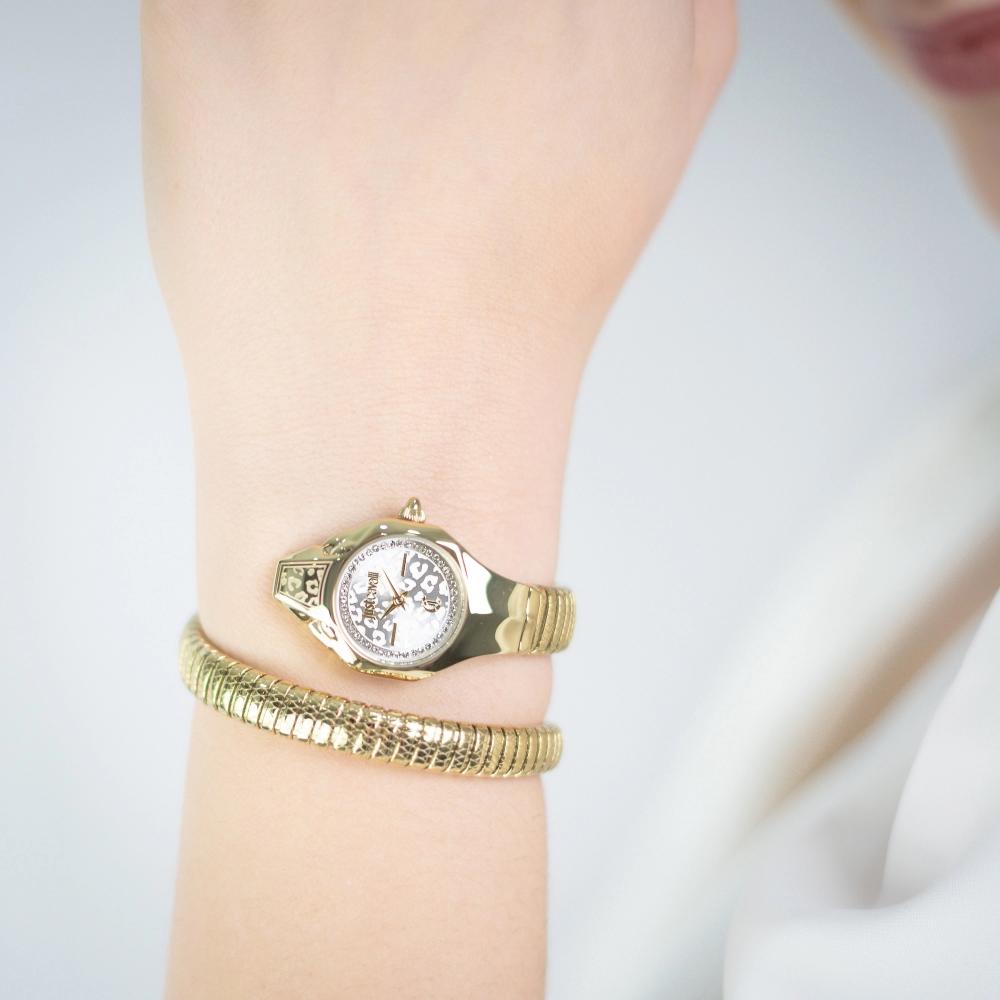 JUST CAVALLI Signature Snake Silver Dial 22x35mm Gold Stainless Steel Bracelet JC1L354M0025