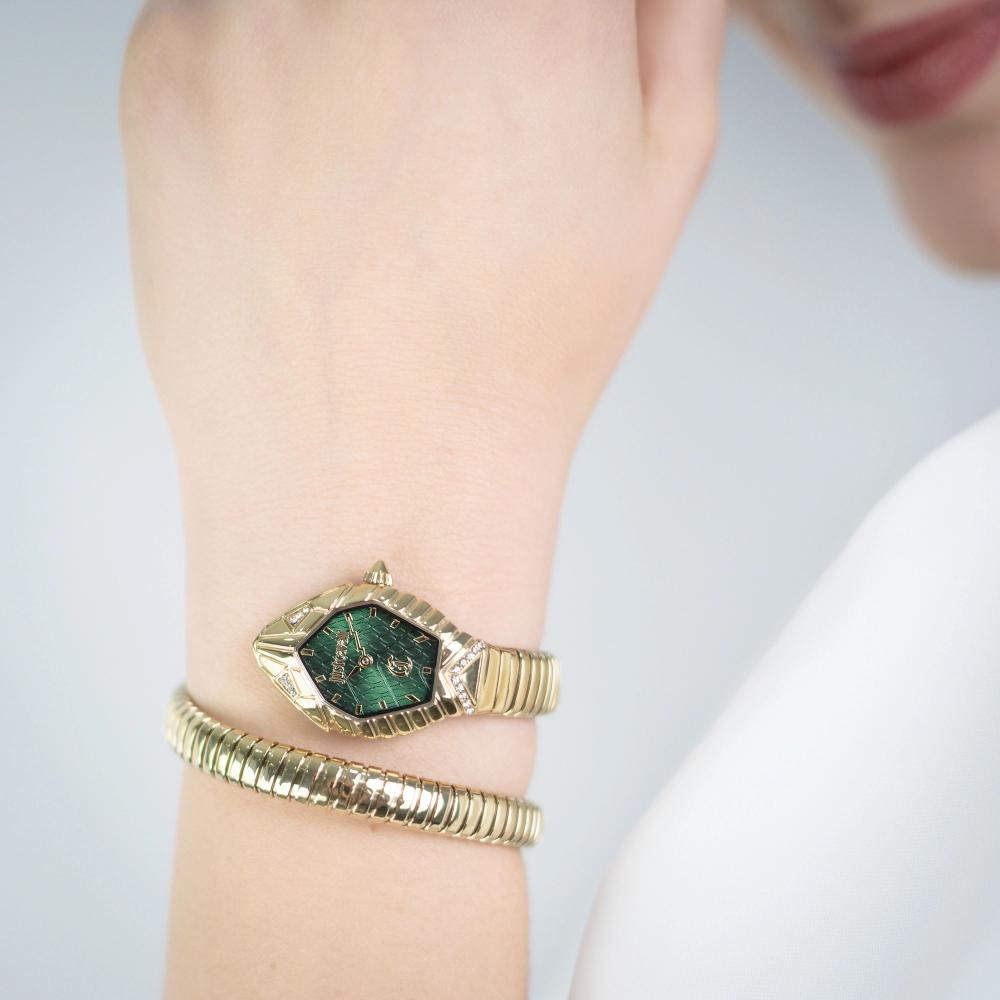 JUST CAVALLI Signature Snake Green Dial 22x28mm Gold Stainless Steel Bracelet JC1L356M0035