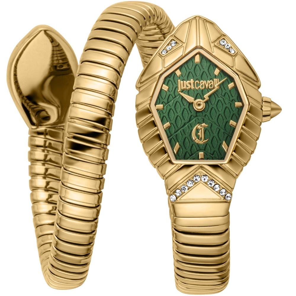 JUST CAVALLI Signature Snake Green Dial 22x28mm Gold Stainless Steel Bracelet JC1L356M0035